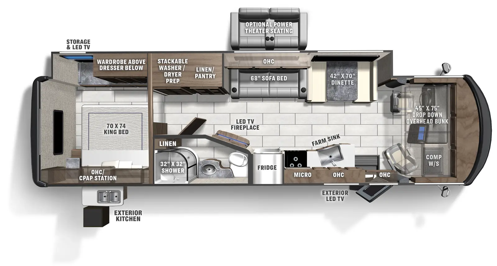 The Mirada 32LS has 1 slide out located on the off-door side and 1 entry door. Interior layout from front to back; front cockpit with drop down front bunk and computer work station on the door side; door side kitchen with farm sink near entry, microwave above stovetop and fridge; off-door side 74 inch dinette next to 78 inch sofa with bed and overhead cabinets; door side bathroom with 32 inch by 32 inch shower, linen closet, toilet and sink. Off-door side pantry and stackable washer and dryer prep;  rear bedroom with 70 inch by 74 inch foot facing king bed with overhead cabinet and CPAP station, door side wardrobe above dresser below and LED TV. Optional power theater seating. Exterior door side LED TV and kitchen.
Screen reader support enabled.